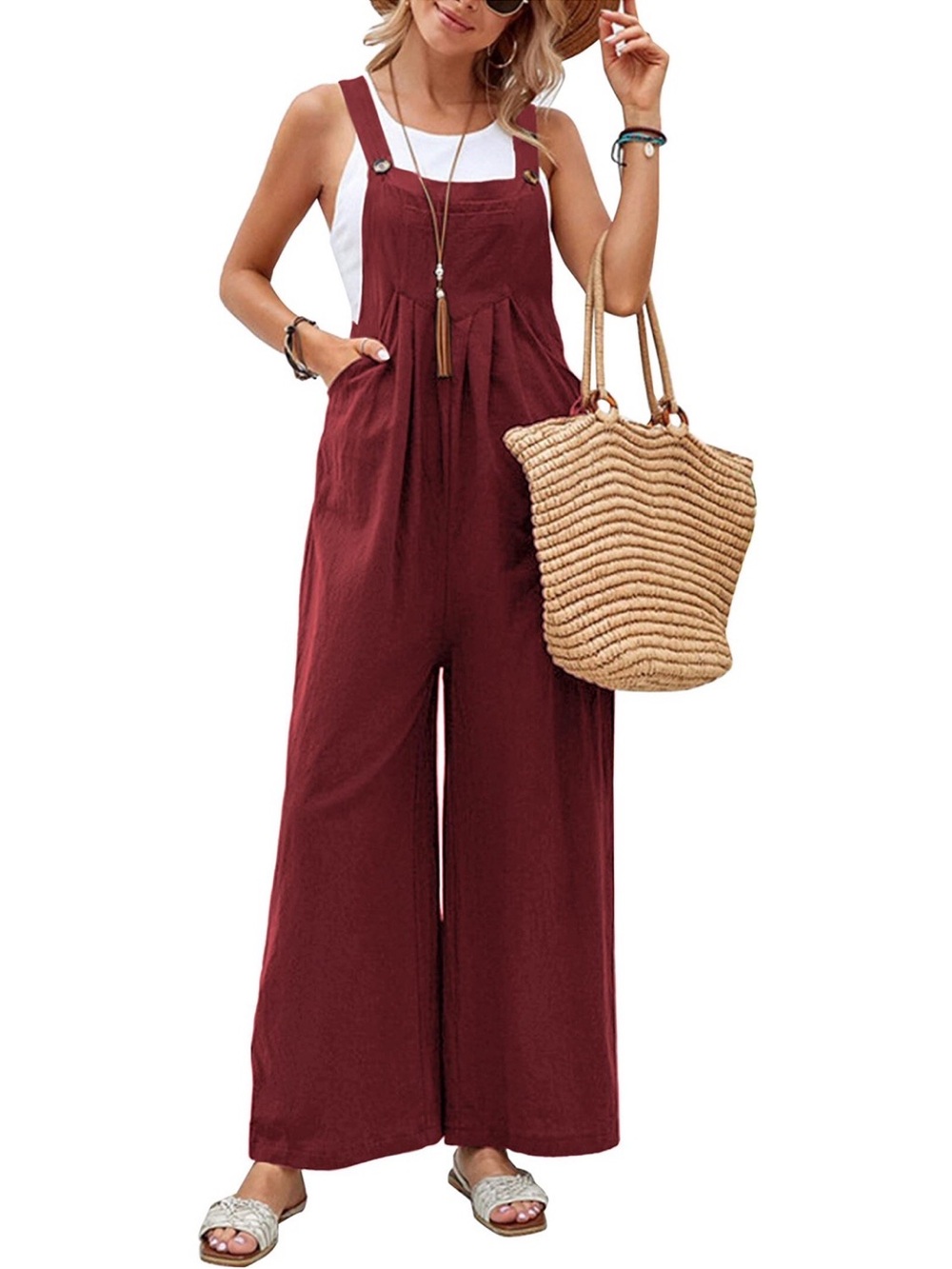 Wide-Leg Burgundy Cotton Blend Jumpsuit Overalls